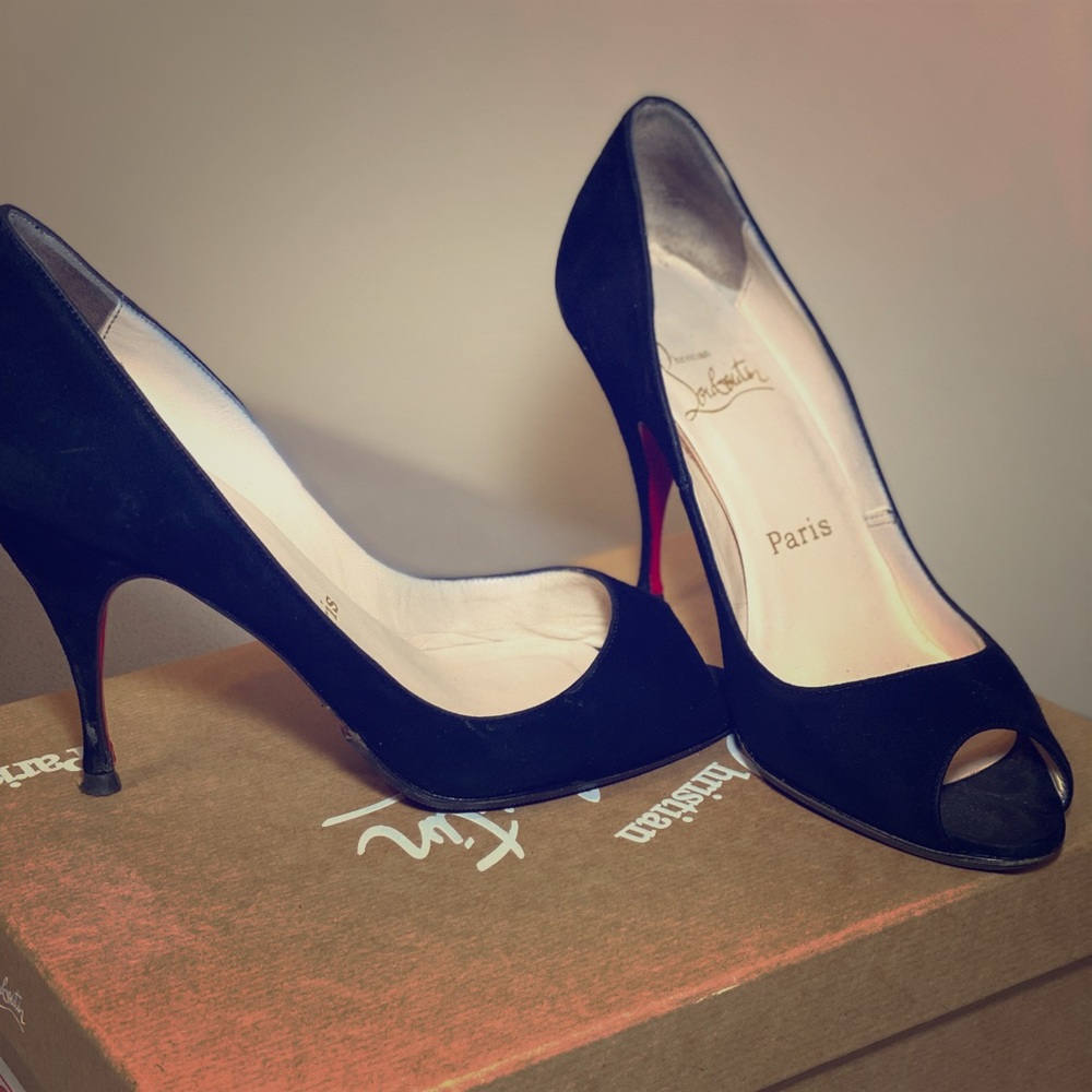 Christian Louboutin Black Suede Peep Toe Pumps 80m